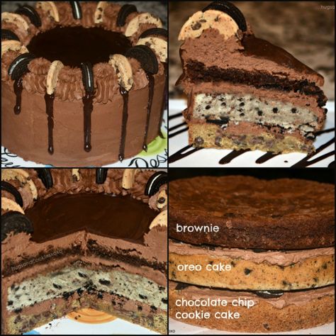 Brookie Cookie Triple Layer Cake Brookie Cake, Brownie Layer Cake, Triple Layer Cake, Chocolate Chip Brownies, Chocolate Chip Cookie Cake, Holiday Eating, Chocolate Butter, Cake Bars, Layer Cakes