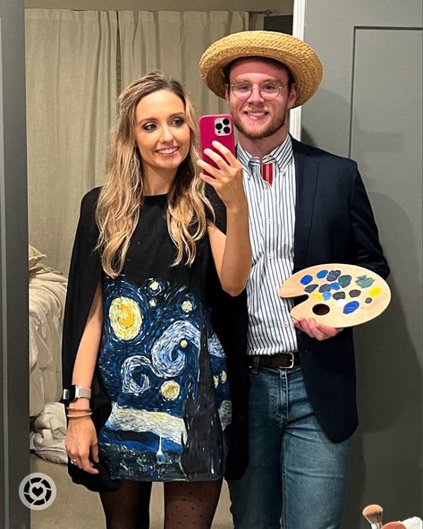 I LOVE art and hand painted this dress last year & had my husband dress up as Van Gogh and loved how it turned out. #easyhalloweencostume #halloweencostumeswomen #halloweencostumescollege #DIY #DIYcostume #artsycouplescostume #halloweencostume #couplescostumeideas #halloweencostumesforteens Follow my shop @Grace_Messer on the @shop.LTK app to shop this post and get my exclusive app-only content! #liketkit #LTKfamily #LTKxPrime #LTKHalloween @shop.ltk https://liketk.it/4kiog Famous Art Costume, Van Gogh Couple Costume, Van Gogh And Starry Night Costume, Starry Night Halloween Costume, Famous Painting Costume, Van Gogh Halloween Costume, Artsy Costumes, Art Costume Ideas, Starry Night Costume