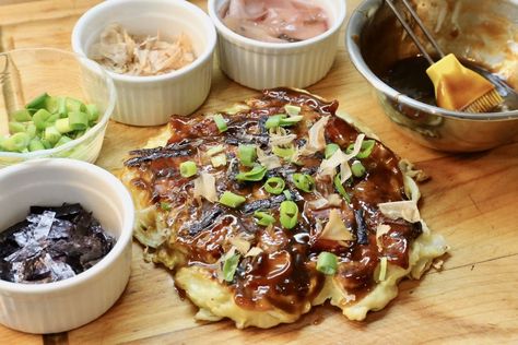 Cabbage Pancake Recipe, Japanese Cabbage, Okonomiyaki Recipe, Kewpie Mayo, Pickled Ginger, Napa Cabbage, Chinese Cabbage, Fluffy Pancakes, Oyster Sauce