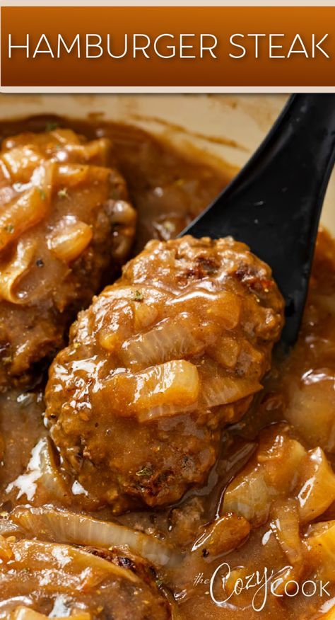 hamburger steak with brown gravy and onions Saulsberry Steak Recipes, Hamburger Steak With Onions, Hamburger Ideas, Giant Snowflakes, Steak With Onions, Steak With Gravy, Hamburger Meals, Hamburger Steak Recipes, Hamburger Steak And Gravy