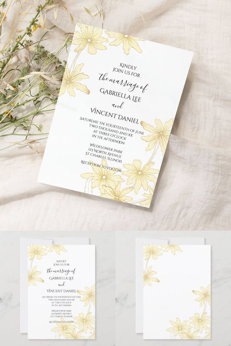 The pretty Light Yellow Daisies on White Wedding Invitation sets an elegant tone for your impending summer marriage ceremony and reception. These classy custom flowery wedding invites feature pale yellow daisies adorning the corners with a white background. #daisyweddinginspo Yellow Floral Wedding Invitations, Pale Yellow Weddings, Light Yellow Weddings, Silver Wedding Decorations, Yellow Wedding Invitations, Yellow Wedding Theme, Marriage Reception, White Bridal Shower, Summer Wedding Invitations