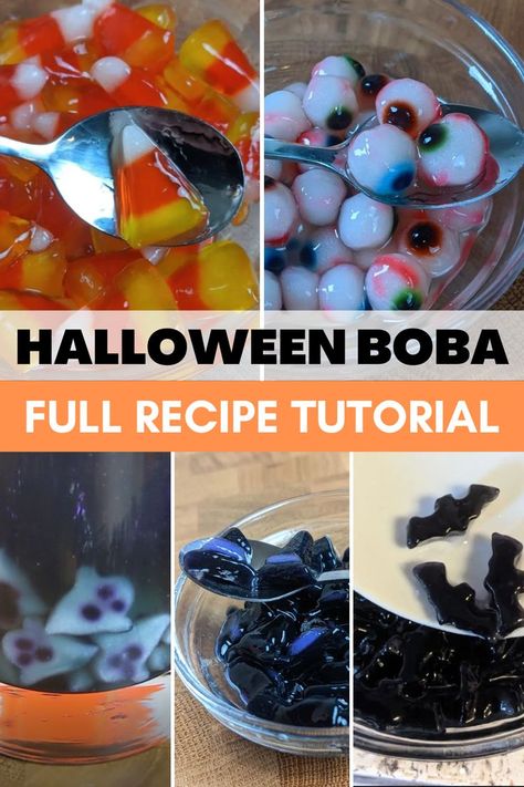 How To Make Boba With Jello, Boba Pudding Recipe, Cooking Boba Pearls, Halloween Boba Tea, Halloween Jello Cups, Halloween Bubble Tea, How To Make Boba Recipe, Boba Pearls Recipes, Diy Boba Pearls