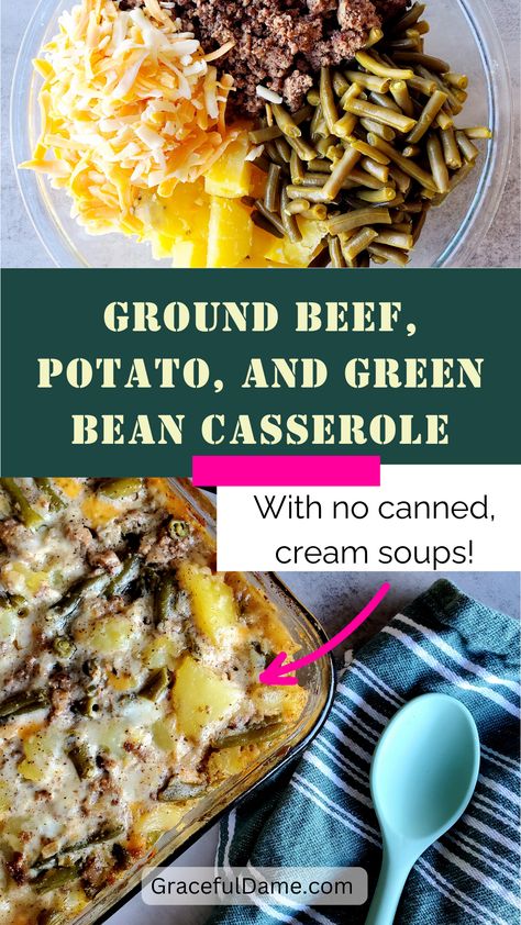 This ground beef, potato, and green bean casserole is full of the savory, comforting flavors we all love but without any store-bought canned cream soups! That's right! You can cozy up to a big, satisfying one-pan dinner knowing exactly what you put in it. Bonus: It's Gluten Free without trying to be. Potato And Green Bean Casserole, Pregnancy Dinner Recipes, Potato And Green Bean, Hamburger And Potatoes, Cream Soups, Can Cozy, Ground Beef And Potatoes, Beef And Potatoes, Winter Dinner Recipes