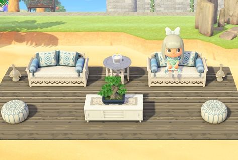 Have a small area on your island you just don't know what to do with? Here's a cute idea! 2 Moroccan Couches and Footrests were used, as well as the table from the set. For Animal Crossing New Horizons Animal Crossing Furniture Sets, Moroccan Couch, Beach Lounge, Animal Crossing Pocket Camp, Custom Sofa, Custom Table, Lounge Areas, The Table, Animal Crossing