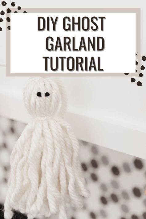 A cute easy halloween decor project. This DIY is super easy and only uses a few supplies and is really inexpensive. halloween diy | halloween decor | halloween projects | Halloween decor on a budget | halloween Yarn Ghost Garland, Yarn Ghost, Halloween Ghost Garland, Quick Halloween Crafts, Easy Halloween Decor, Diy Halloween Ghosts, Ghost Garland, Diy Ghost, Garland Tutorial