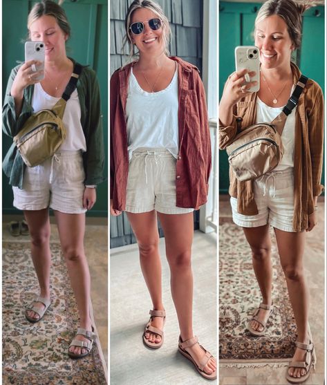 Teva Outfits Summer, Teva Sandal Outfits, Teva Outfit Casual, Teva Original Universal Outfit, Tan Teva Sandals Outfit, Brown Teva Sandals Outfit, Spring Birkenstock Outfit, Teva Outfits Women, Khaki Linen Shorts Outfit