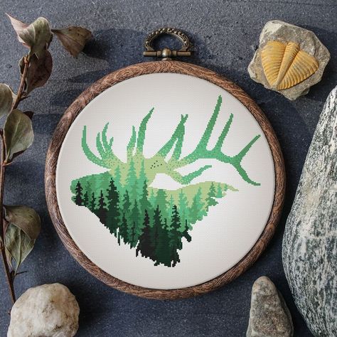 Landscape Cross Stitch Pattern Modern Nature Forest Counted Cross Stitch Deer Embroidery Pattern Elk Digital Download Cross Stitch PDF Elk Cross Stitch Pattern, Forest Embroidery, Deer Embroidery, Black Sheets, Nature Cross Stitch, Nature Forest, Pattern Modern, Farm Style, Hoop Art