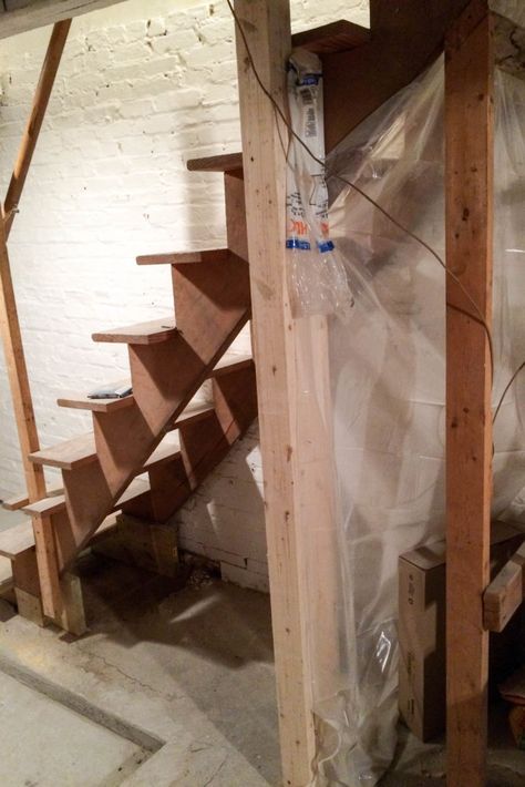 Upgrading basement stairs with paint and plywood - no need to rip them out! Update Basement Stairs, Enclosing Basement Stairs, How To Finish Stairs Basements, Basement Steps Redo, Basement Stairs Makeover, Basement Steps Ideas, Stairs Diy Renovation, Open Basement Stairs, Carpet On Stairs