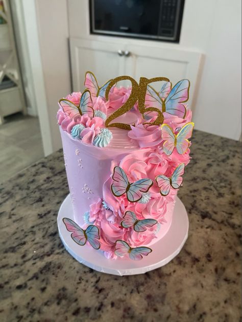 Pink And Teal Birthday Cake, Blue And Purple Butterfly Cake, Birthday Cake Aesthetic Purple Butterfly, Pink And Purple Butterfly Cake, Pink Purple Teal Birthday Cake, Pink And Purple Cake With Butterflies, Pastel Butterfly Cake 2 Tier, Purple Butterfly Cake, Butterfly Birthday Cakes