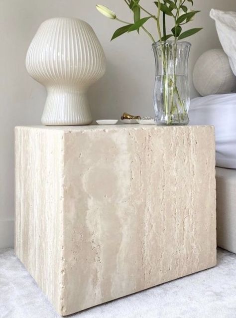 Bedside Table Stone, Cement Nightstand, Stone Bedside Table, Stone Nightstand, Diy Nightstands, Modern Coastal Farmhouse, Calming Interiors, Marble Tables, Marble End Tables