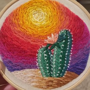 Punch Rug, Cactus Sunset, Embroidery Landscape, Moon Sunset, Boho Yarn, Cactus Embroidery, Landscape Pattern, Rug Ideas, Desert Cactus