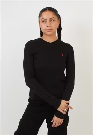 Women's Polo Ralph Lauren Black V Neck Long Sleeve T-Shirt | Retromatics | ASOS Marketplace Black V Neck Long Sleeve, Classic Ralph Lauren Collared T-shirt, Classic Ralph Lauren Crew Neck T-shirt, Ralph Lauren Fitted Cotton T-shirt, Affordable Blue Ralph Lauren T-shirt, Sporty Ralph Lauren Cotton T-shirt, T Shirts Women, Women T Shirts, Polo Ralph