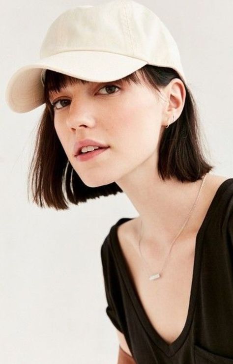 Cute bob haircut with ball cap Short Hairstyles With Hats, Short Hair Hat, 2022 Font, Hats Short Hair, Baseball Hat Hairstyles, Short Hair Fringe, Bobbed Hair, Asymmetrical Bob Haircuts, Haircut Pictures