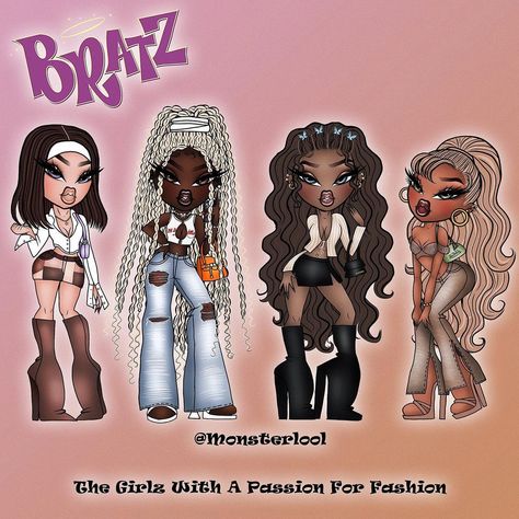 🐍MONSTERLOOL🐍 on Instagram: “We are the Bratz and now we’re coming to town 👑✨ . Dana, Felicia, Nevra and Fianna 💓 . Swipe til the end to see the Bratz pack ✨💓 . #Bratz…” The Bratz, Black Bratz Doll, Bratz Doll Outfits, Brat Doll, Bratz Girls, Black Cartoon Characters, Halloween Costume Outfits, Fashion Sketchbook, Black Artwork