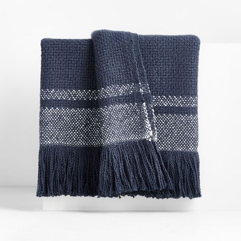 Weekend Cotton 70"x55" Deep Indigo Blue Stripe Throw Blanket + Reviews | Crate & Barrel Textiles Artists, Ivory Throw Blanket, Indigo Bedding, Denim Blanket, Farmhouse Blankets, Fringe Throw Blanket, Striped Throw Blanket, Navy Gifts, Decorative Throws Blanket