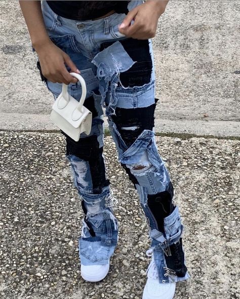 Customized Outfit Ideas, Baggy Stacked Jeans, Denim Distressed Jeans, Custom Stacked Jeans, Patch Jeans Outfit, Customize Pants, Patched Jeans Outfit, Denim Patches Diy, Stacked Denim Jeans