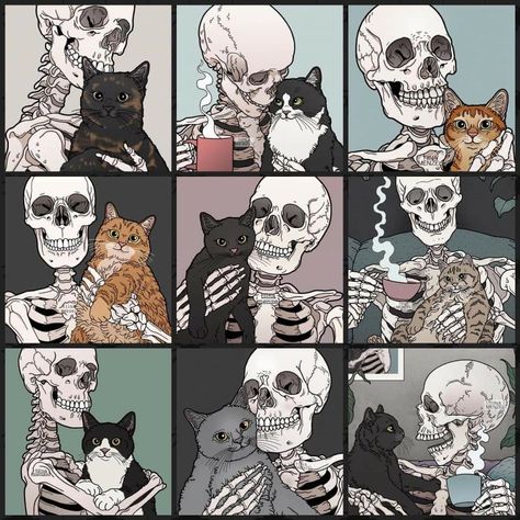 Cats And Skeletons Wallpaper, Cats And Skeletons, Spooky Cat Aesthetic, Cat And Skeleton Wallpaper, Skeleton Holding Cat Tattoo, Cat Skull Wallpaper, Spooky Cat Art, Skull Cat Drawing, Cat Being Pet