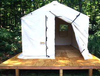 Or raise it higher for storage underneath? Canvas Wall Tent, Tent Platform, Portable Sheds, Backyard Tent, Portable Cabins, Tent Living, Wall Tent, Portable Tent, Cabin Tent