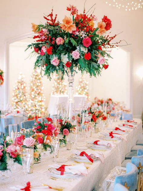 Elizabeth & Kendall's Wedding | Merrimon-Wynne — A Southern Soiree Winter Wedding Bright Colors, Colorful Christmas Wedding, Colorful December Wedding, Bright Winter Wedding, Pink Christmas Wedding, Colorful Winter Wedding, December Wedding Colors, Elevated Centerpiece, Merrimon Wynne