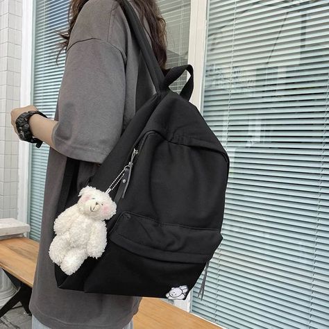 Korean School Bag, Korean Backpack, Black Backpack Aesthetic, Bagpack Outfit Style, Korean School Bag Black, Black Backpack Outfit, Waterproof Backpack Women, Korean Ootd, Casual Outfits For Girls