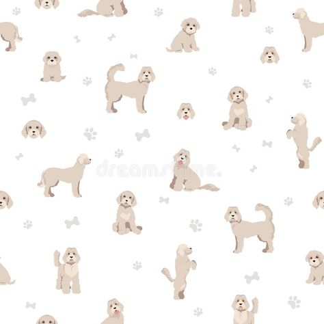 Labradoodle seamless pattern. Different poses, coat colors set. Vector illustration stock illustration Labradoodle Illustration, Goldendoodle Illustration, Cartoon Labradoodle, Dog Pattern Illustration, Pet Pattern Illustration, Cute Poodle, Dog Seamless Pattern, Different Poses, Labradoodle