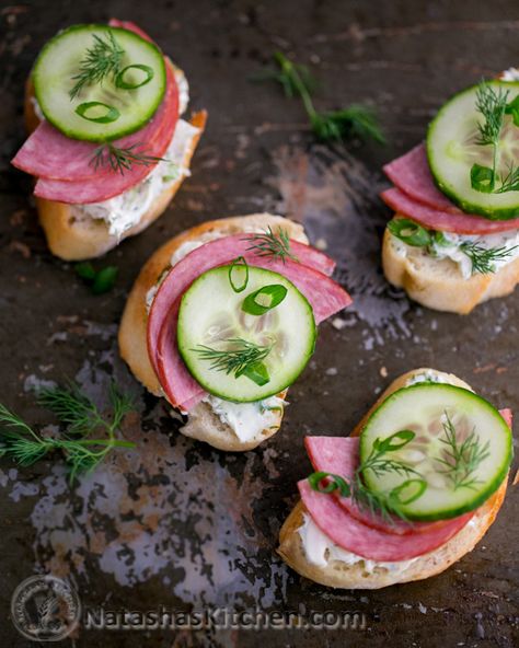 We’ve been doing canapé experiments in our “test kitchen” this week.  Everyone loves canapés and a New Years party would’t be complete without some mighty good finger foods. They just hit the spot in the middle of the night while you’re mingling at your shindig.... Russian Tea Sandwiches, Russian Appetizers Parties, Cucumber Crostini, Russian Appetizers, Nye Appetizers, Hosting Party, Cold Buffet, Tea Sandwich, Gluten Free Puff Pastry