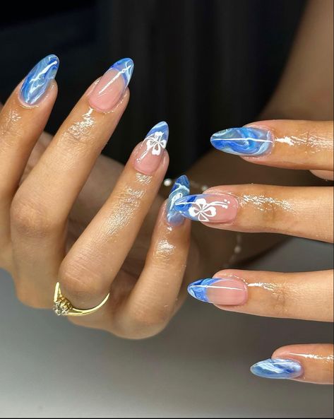 blue nails, marble nails, flower nails, hibiscus nails, gelx, acrylics, almond nails, summer nails, beach aesthetic, beach nails, Grad Nails, Hawaiian Nails, Hawaii Nails, Beach Nail Designs, Beachy Nails, Wow Nails, Girly Acrylic Nails, Summery Nails, Cute Summer Nails