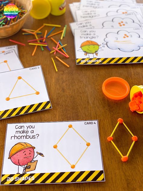 Polygon Activities, Stem Challenge Cards, Kindergarten Shapes, Kindergarten Geometry, Math Shapes, Stem Activities Kindergarten, 2d Shapes Activities, Stem Boxes, Curriculum Preschool