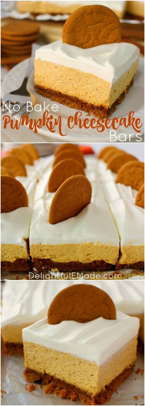 Let me introduce you to your new favorite fall dessert! Made with a Gingersnap Cookie Crust, whipped topping and a few other goodies, these No Bake Pumpkin Cheesecake Bars are simple enough for a casual fall celebration and decadent enough for Thanksgiving dinner! Reeses Dessert, No Bake Pumpkin Cheesecake Bars, Dessert Smores, Desserts Quick, Desserts Holiday, Bake Sweets, Bake Healthy, No Bake Pumpkin, Pumpkin Cheesecake Bars