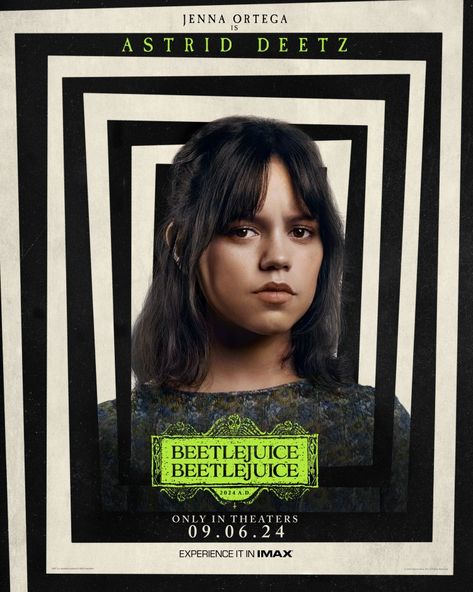 Jenna Ortega as Astrid in the Beetlejuice 2 poster. 23/05/2024 Beetlejuice Characters, Colleen Atwood, Beetlejuice Movie, Lydia Deetz, Catherine O'hara, Justin Theroux, Beetlejuice Beetlejuice, Willem Dafoe, Tim Burton Movie