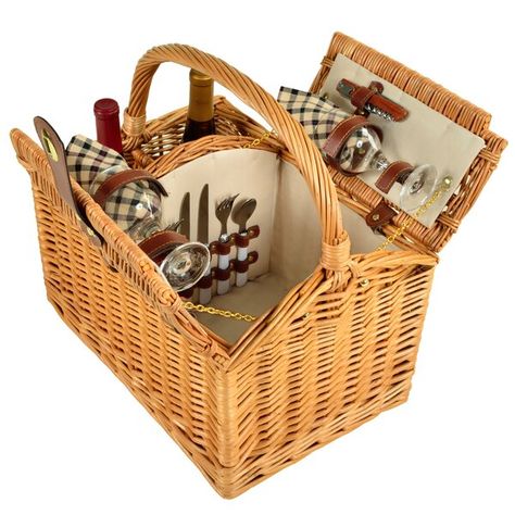 Hand crafted and fully lined willow picnic basket for 2 with unique built in 2 bottle carrier. Includes a premium picnic set for two with ceramic plates, matching cotton napkins, glass wine glasses, stainless steel flatware and corkscrew. Top carry handle and faux leather accents. Lifetime warranty. Vineyard Picnic, Luxury Picnic Basket, Wine Picnic Basket, Picnic Basket Set, Wine Picnic, Picnic Essentials, Picnic Baskets, Wicker Picnic Basket, Romantic Picnics