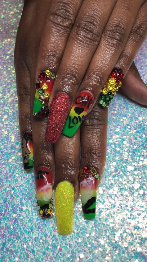 Rasta Nails Design, Jamaican Nails Ideas, Reggae Nails, Bob Marley Nails, Rasta Wedding, Jamaica Nails, Rasta Nails, Acrylic Nails Coffin Pink, Get Nails