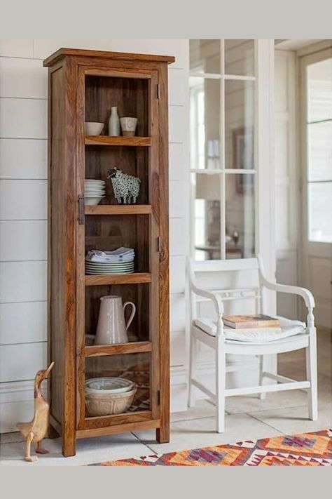 A long crockery cabinet is a beautiful and functional piece of furniture that can enhance the look and organization of your dining room. With ample storage space and elegant design, a long crockery cabinet can help you display and protect your valuable crockery and dinnerware | Color - Walnut | Primary Material: Solid Sheesham Wood, Finish Semi Gloss | #Sponsored Cupboard For Bedroom, Wooden Sideboard Cabinet, Kitchen Door Styles, Kitchen Crockery, Crockery Cabinet Design, Tower Cabinet, Wooden Almirah, Crockery Cabinet, Crockery Unit Design