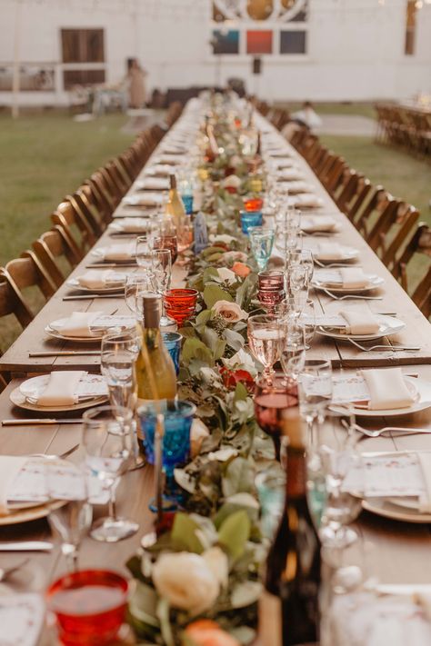 Table Settings Colorful, Wedding Reception Decorations On A Budget, Long Farm Table, Goblets Wedding, Country Chic Wedding Decorations, Table Setting Design, Wedding Goblets, Rustic Farm Table, Classic Glam