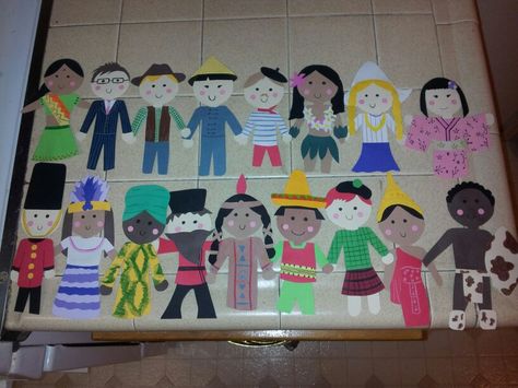 All my people I made for around the world cultural board People Around The World Preschool, Multi Cultural Activities For Preschool, Multi Cultural Bulletin Boards, Celebrating Cultures Bulletin Board, Multi Cultural Night At School, Cultural Appropriation Bulletin Board, World Bulletin Board, Bad Case Of Stripes, School Carnival