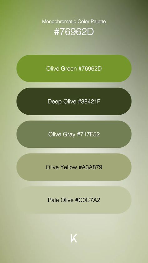 Monochromatic Color Palette Olive Green #76962D · Deep Olive #38421F · Olive Gray #717E52 · Olive Yellow #A3A879 · Pale Olive #C0C7A2 Color Palette Olive Green, Muted Olive Green, Earth And Sky, Monochromatic Color Palette, Hex Color Palette, Calming Colors, Hex Colors, Unique Colors, Olive Green