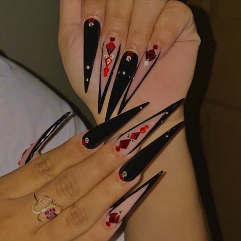 Black Red Stiletto Nails, Black And Red Nails Stiletto, Red Bottom Stiletto Nails, Black Stiletto Nails With Rhinestones, Black And Red Stiletto Nails, Red And Black Stiletto Nails, Black Nails With Red Rhinestones, Halloween Nails Stiletto, White Tip Acrylic Nails