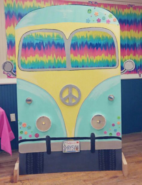 Volkswagen Bus/Van I made for a hippie 60s party. So much fun for a photo booth and easy to do.     VW hippie 60s tye dye Decor Photobooth, Hippie Birthday Party, 70s Party Theme, 60s Theme, 70s Theme Party, Homecoming Floats, 1960s Party, 60s Party, 60th Bday