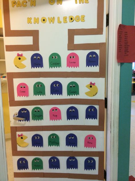 PAC man door theme, I made the teachers the pacs! Resident Assistant Door Decs, Board Game Themes, Ra Themes, Prek Classroom, School Door Decorations, Resident Assistant, Classroom Makeover, School Doors, Game Themes