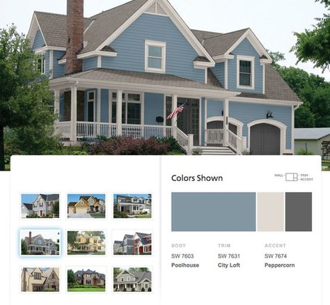 Traditional exterior paint palette with blue & gray colors from Sherwin-Williams. Pool House Sherwin Williams, Blue Grey Exterior, Exterior Paint Palette, Loft Exterior, Exterior Upgrades, Sherwin Williams Exterior, Exterior Paint Color Combinations, Solar Tiles, House Paint Color Combination