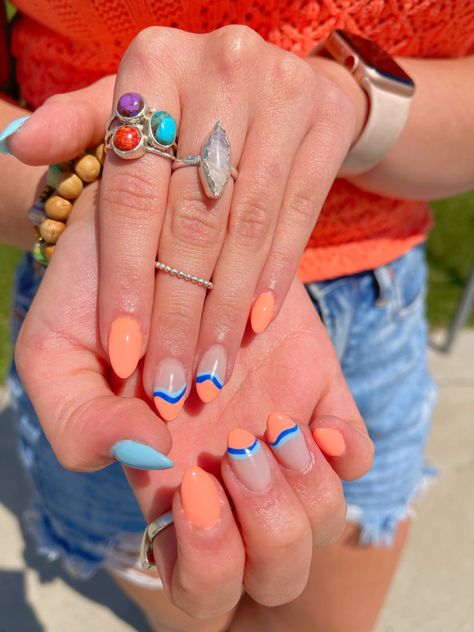 Bright Blue And Orange Nails, Orange And Light Blue Nails, Pink Orange Blue Nails, Light Blue And Orange Nails, Peach And Blue Nails, Turquoise And Orange Nails, Blue And Coral Nails, Orange And Blue Nails Design, Orange Beach Nails