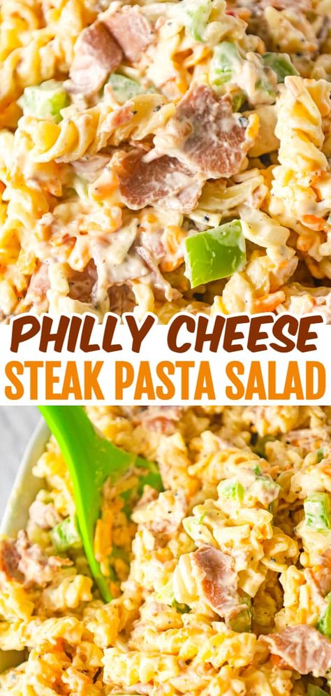 Philly Cheese Steak Pasta Salad is a tasty cold side dish recipe loaded with diced green peppers, onions, roast beef, mayo, shredded cheese and steak spice. Steak Pasta Salad Recipes, Roast Beef Pasta Salad, Philly Cheese Steak Pasta Crock Pot, Cheese Steak Pasta Recipes, Crock Pot Philly Cheese Steak Pasta, Steak Pasta Salad, Healthy Philly Cheese Steak Pasta, Classic Philly Cheesesteak Pasta, Philly Cheese Steak Pasta