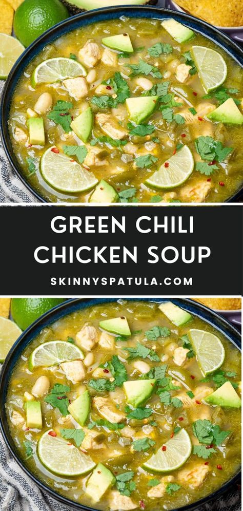 Green Chili Chicken Soup – Skinny Spatula Green Enchilada Chicken Soup Dairy Free, What To Make With Green Chili, Chicken Green Chili Soup Crock Pots, Green Chili Soup Crockpot, Green Salsa Soup, Chili Verde Soup Crockpot, Healthy Green Chicken Enchilada Soup, Green Chili Chicken Rice Soup, Green Chili Chicken Healthy