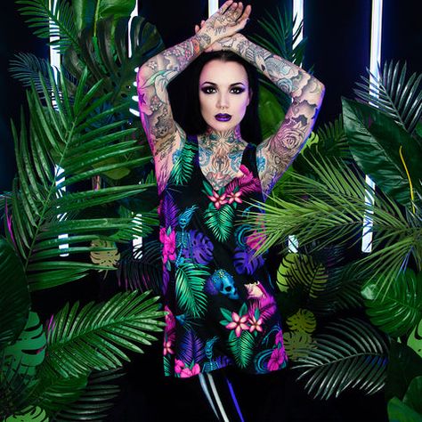 Tropigoth Outfit, Summer Goth Outfits, Beach Goth, Hair Branding, Dark Tropical, Goth Club, Mermaid Skeleton, Palm Dress, Color Outfits