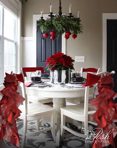 What a terrific way to make your house fun & festive!  Each Christmas chair sash has a total of 14 satin & organza ruffles in burgundy to add the finishing touch to your chairs. They are attached to a matching burgundy spandex band that will fit a chair width from 13.4 inches to 19 inches. They are Christmas Chandelier, Christmas Chair Covers, Chair Back Covers, Aisle Runners, Christmas Chair, Deco Table Noel, Chair Sash, Light Decor, Chair Sashes