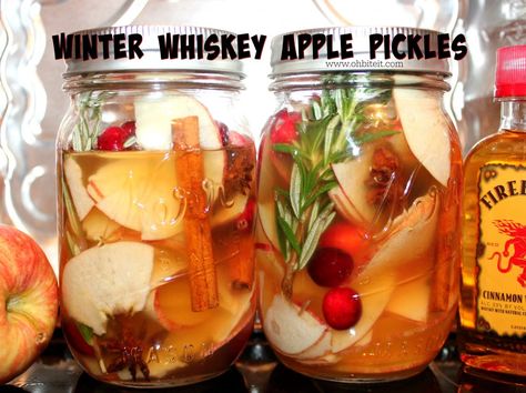 ~Winter Whiskey Apple PICKLES! | Oh Bite It Apple Pickles, Pickled Apples Recipe, Homemade Fireball, Pickled Apples, Pickle Recipes, Fireball Whiskey, Warm Apple, Fall Fruits, Cinnamon Flavor