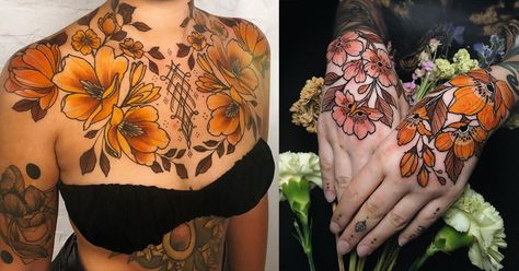 Tattoo Tonic | Tattoo Ideas, Artists and Models Neo Traditional Flowers, Neo Traditional Chest Tattoo, Traditional Flower Tattoo, Traditional Chest Tattoo, Traditional Chest, Floral Back Tattoos, Traditional Flowers, Art Nouveau Tattoo, Stomach Tattoos Women