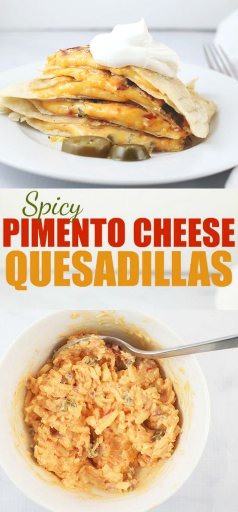 These Spicy Pimento Cheese Quesadillas are crunchy, creamy, spicy & delicious. They have only 4 ingredients, are easily ready to eat in less than 10 minutes and packed full of flavor and texture. Pimento Cheese Quesadilla, Spicy Pimento Cheese, Cheese Quesadillas, Cream Cheese Appetizer, Cheese Appetizer, Pimiento Cheese, Cheese Tacos, Cheese Quesadilla, Mexican Foods