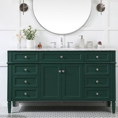 From its Carrara white marble top to its contemporary style handpainted cabinet, it is sure to update your bathroom. Beneath its lustrous, natural stone marble top is an oval, white porcelain under-mount sink, removable shelf, for storing all your bathroom essentials. Base Finish: Green | Canora Grey Khoury 60" Single Bathroom Vanity Set Wood/Marble Top in Green, Size 35.0 H x 60.0 W x 21.5 D in | Wayfair Emerald Green Bathroom, Green Vanity, Porcelain Sink, White Marble Countertops, Marble Countertop, Double Bathroom, Marble Vanity Tops, Wood And Marble, Double Bathroom Vanity