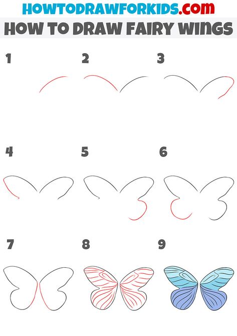 How To Draw Fairy Wings Step By Step, How To Draw Fairy Wings, How To Draw Butterfly Wings, Fairy Doodles Easy, Wings Drawing Tutorial, Simple Fairy Drawing, Draw Fairy, Fairy House Drawing, Fairy Wings Drawing